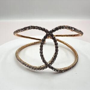 Vintage 80s Gold Tone Rhinestone Crossover Cuff Bracelet Spark Statement Jewelry
